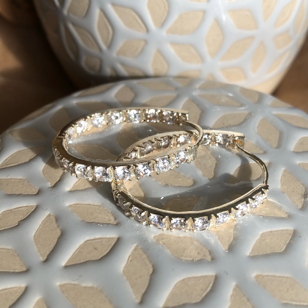 Large 925 Silver inside outside  CZ Hoop Earrings